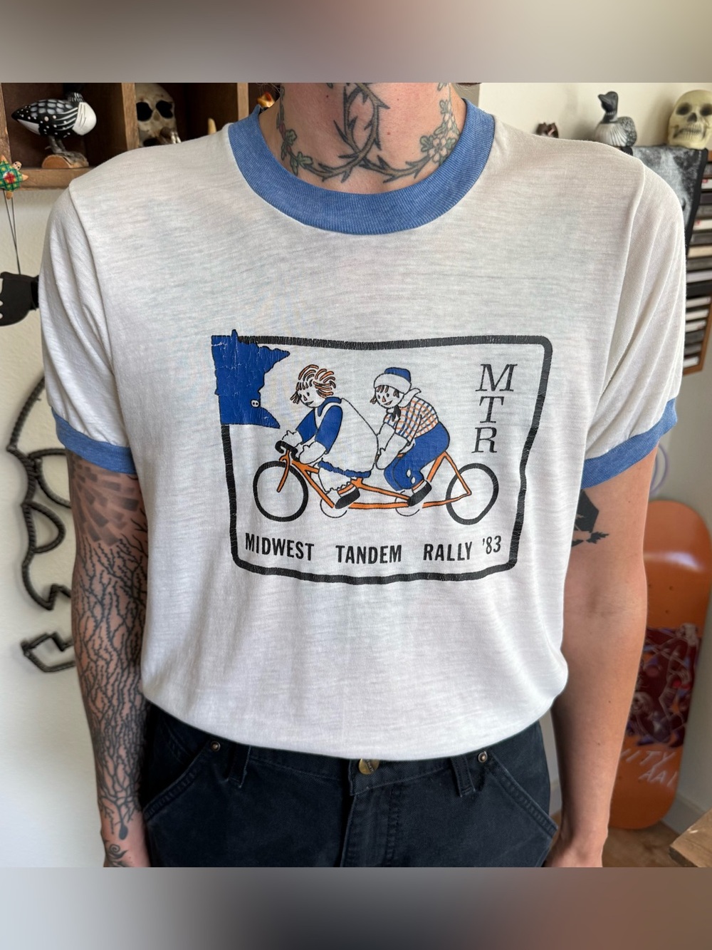 Vintage 80s Ringer Tee Midwest Tandem Bike Rally Minnesota ~ Size Small